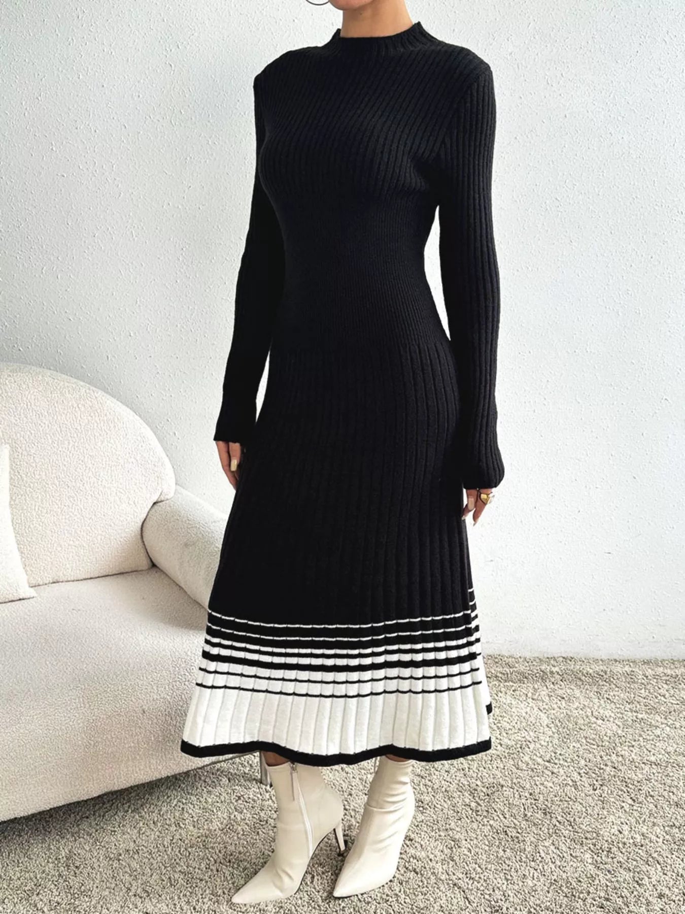 Ribbed Knit Sweater Dress with Striped Hem.