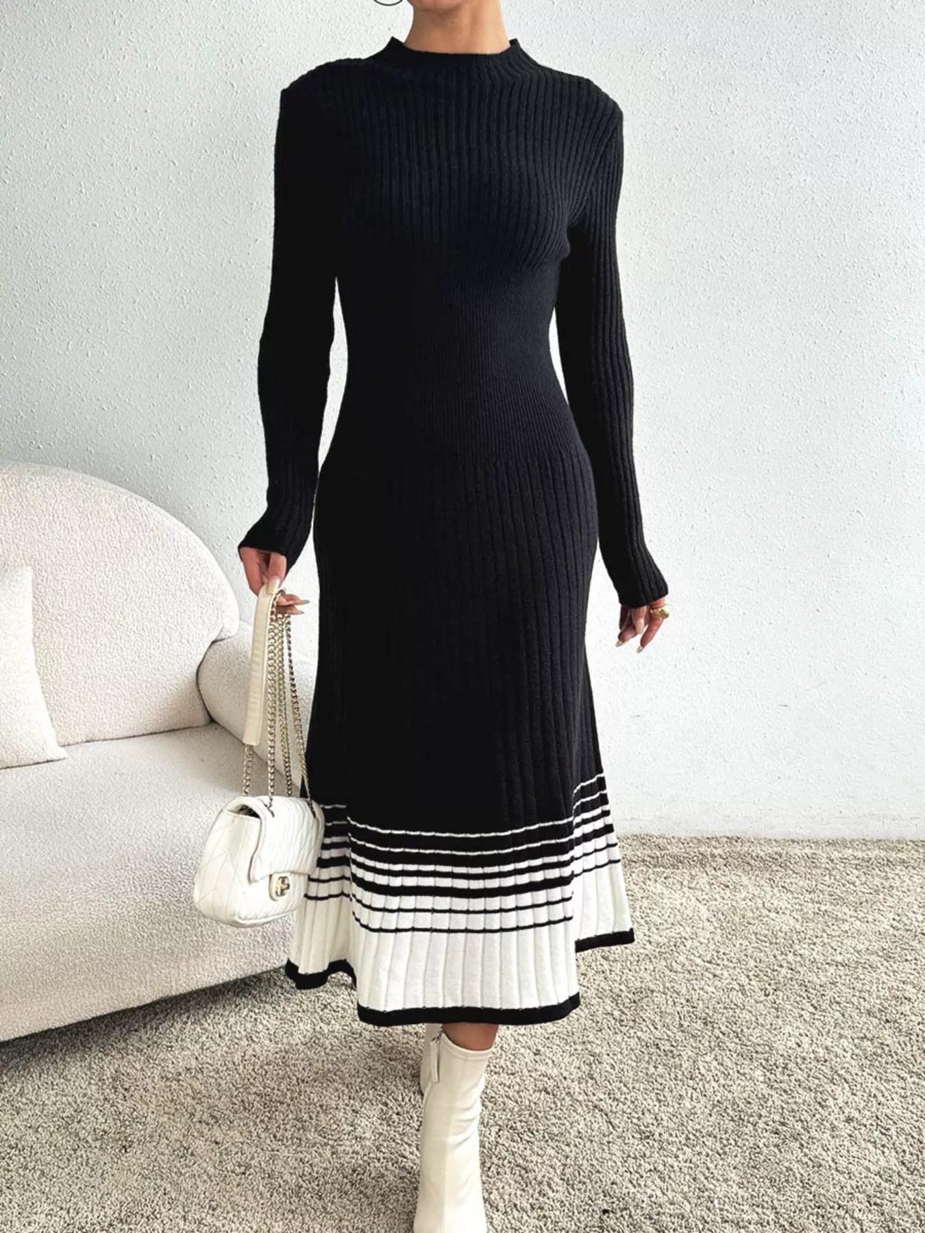 Ribbed Knit Sweater Dress with Striped Hem.