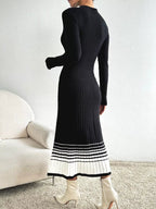 Ribbed Knit Sweater Dress with Striped Hem.