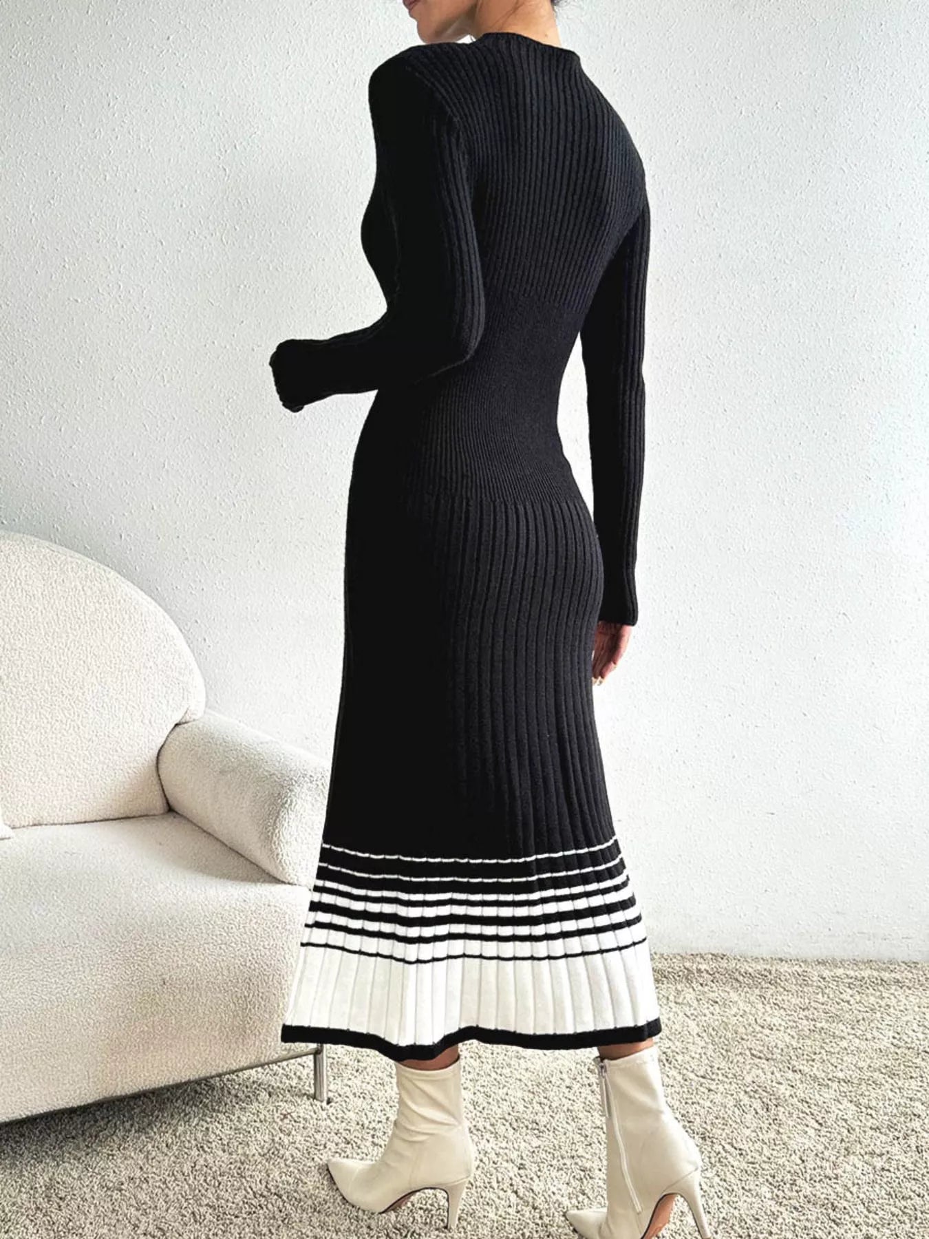 Ribbed Knit Sweater Dress with Striped Hem.
