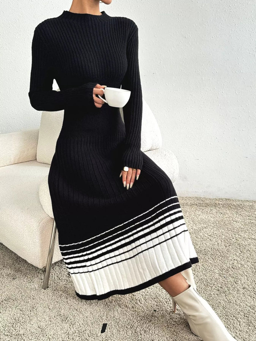 Ribbed Knit Sweater Dress with Striped Hem.