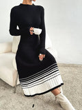 Ribbed Knit Sweater Dress with Striped Hem.