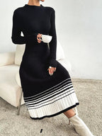 Ribbed Knit Sweater Dress with Striped Hem.