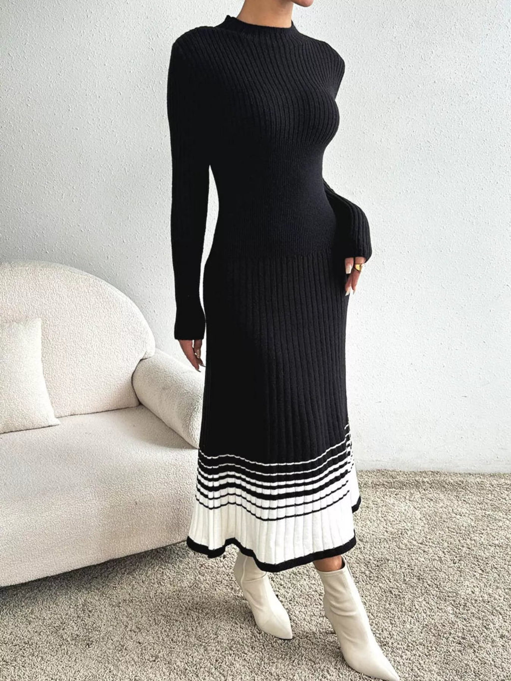 Ribbed Knit Sweater Dress with Striped Hem.