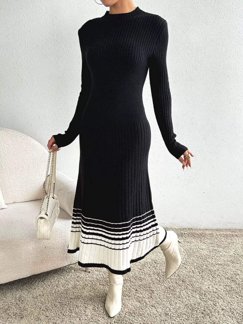 Ribbed Knit Sweater Dress with Striped Hem.