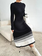 Ribbed Knit Sweater Dress with Striped Hem.