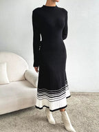 Ribbed Knit Sweater Dress with Striped Hem.