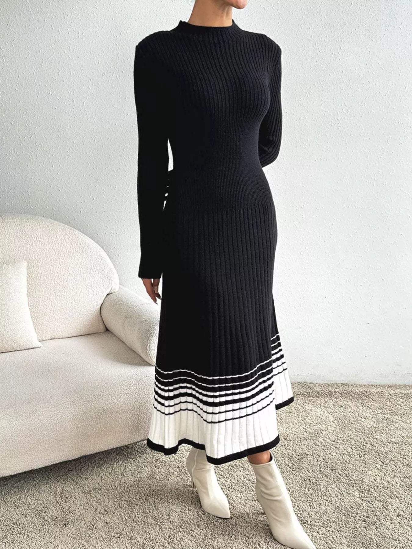 Ribbed Knit Sweater Dress with Striped Hem.