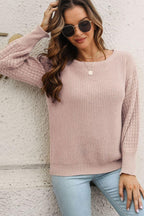 Ribbed Openwork Sleeve Round Neck Pullover Sweater.