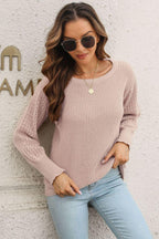 Ribbed Openwork Sleeve Round Neck Pullover Sweater.