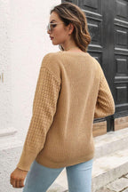 Ribbed Openwork Sleeve Round Neck Pullover Sweater.