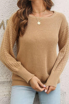 Ribbed Openwork Sleeve Round Neck Pullover Sweater.