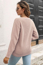 Ribbed Openwork Sleeve Round Neck Pullover Sweater.