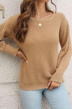 Ribbed Openwork Sleeve Round Neck Pullover Sweater.