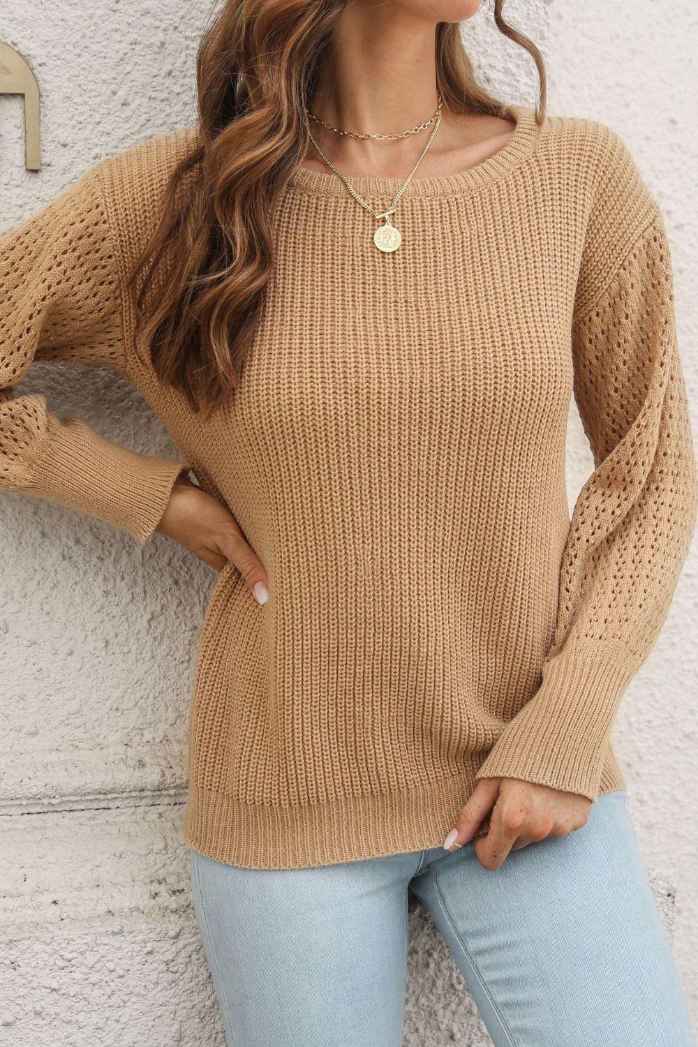 Ribbed Openwork Sleeve Round Neck Pullover Sweater.