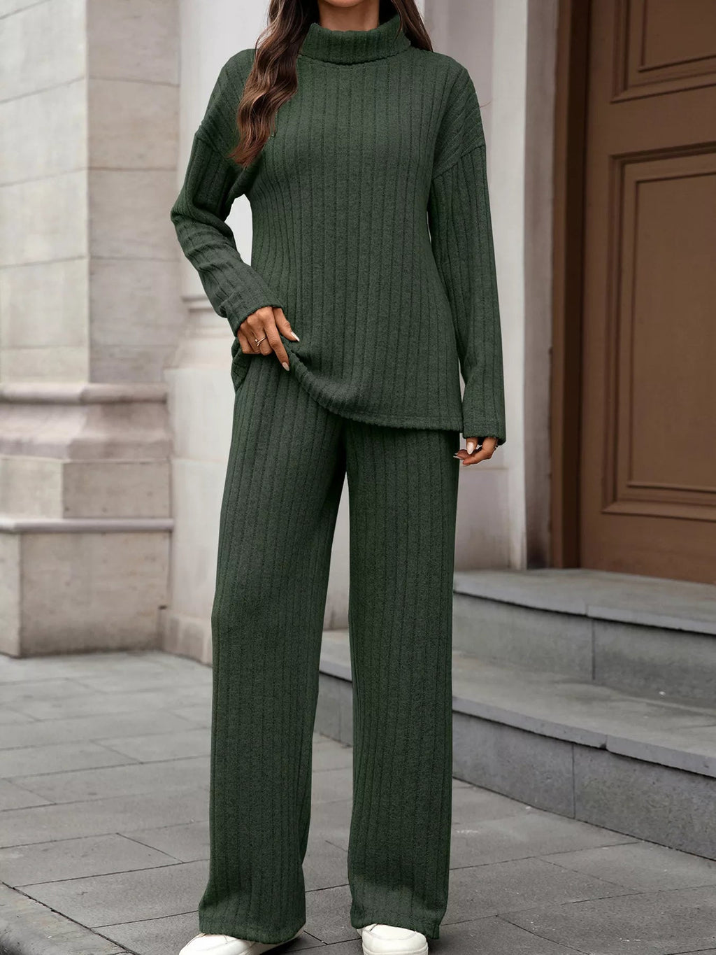Ribbed Turtleneck Dropped Shoulder Top and Pants Sweater Set.