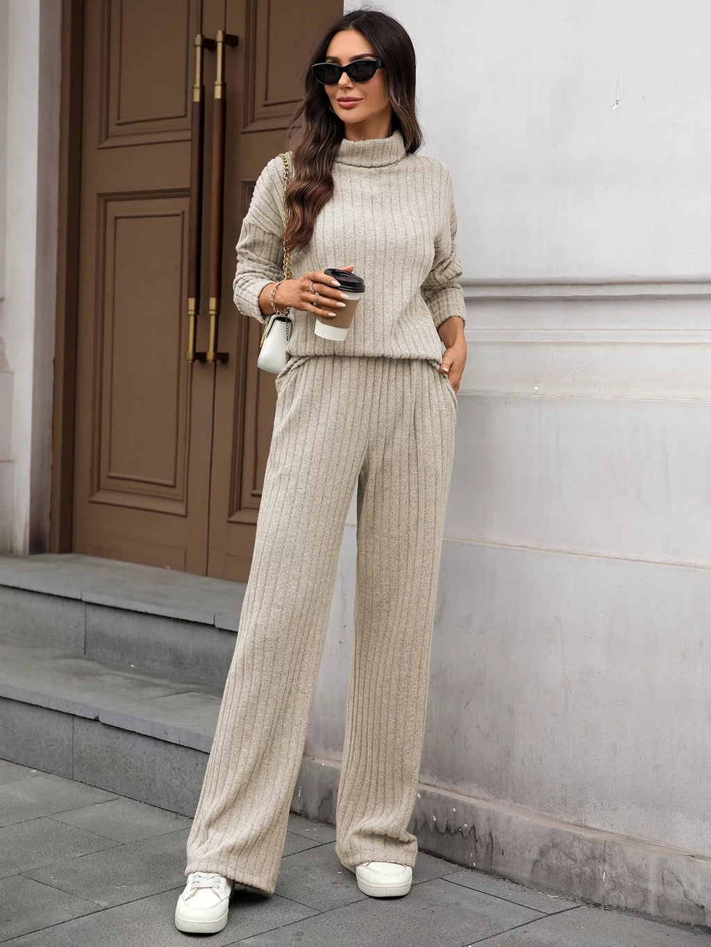 Ribbed Turtleneck Dropped Shoulder Top and Pants Sweater Set.
