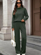 Ribbed Turtleneck Dropped Shoulder Top and Pants Sweater Set.