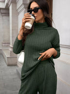 Ribbed Turtleneck Dropped Shoulder Top and Pants Sweater Set.
