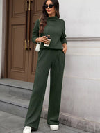 Ribbed Turtleneck Dropped Shoulder Top and Pants Sweater Set.