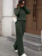 Ribbed Turtleneck Dropped Shoulder Top and Pants Sweater Set.