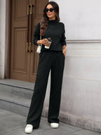 Ribbed Turtleneck Dropped Shoulder Top and Pants Sweater SetTwo - Piece Sweater Sets