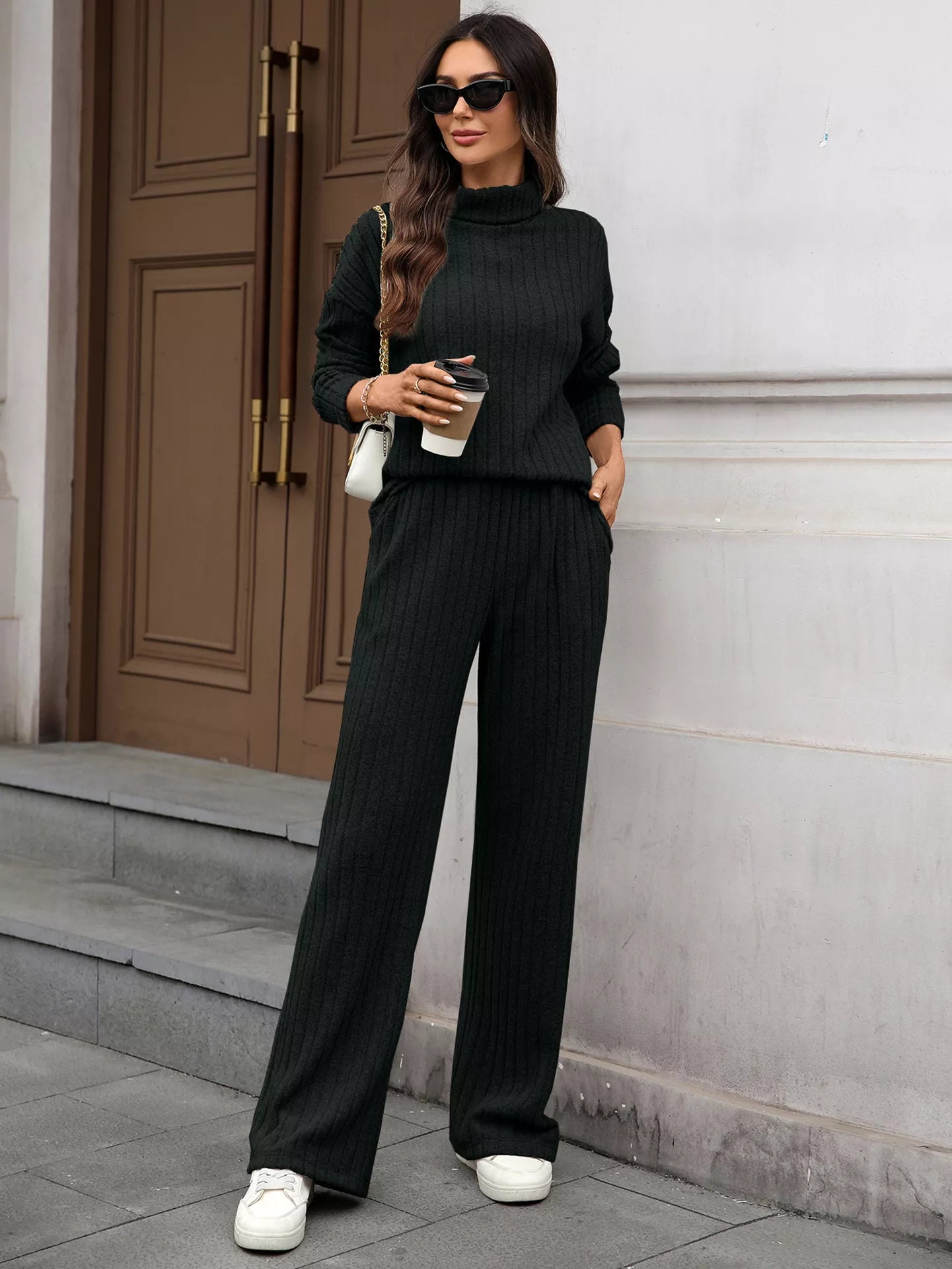 Ribbed Turtleneck Dropped Shoulder Top and Pants Sweater SetTwo - Piece Sweater Sets