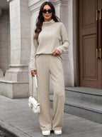 Ribbed Turtleneck Dropped Shoulder Top and Pants Sweater Set.