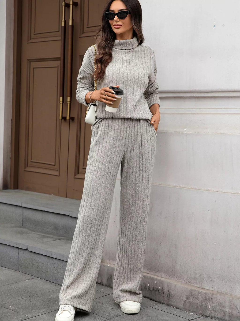 Ribbed Turtleneck Dropped Shoulder Top and Pants Sweater Set.
