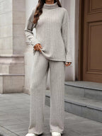 Ribbed Turtleneck Dropped Shoulder Top and Pants Sweater Set.