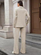 Ribbed Turtleneck Dropped Shoulder Top and Pants Sweater SetTwo - Piece Sweater Sets