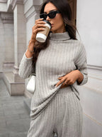 Ribbed Turtleneck Dropped Shoulder Top and Pants Sweater Set.