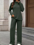 Ribbed Turtleneck Dropped Shoulder Top and Pants Sweater Set.