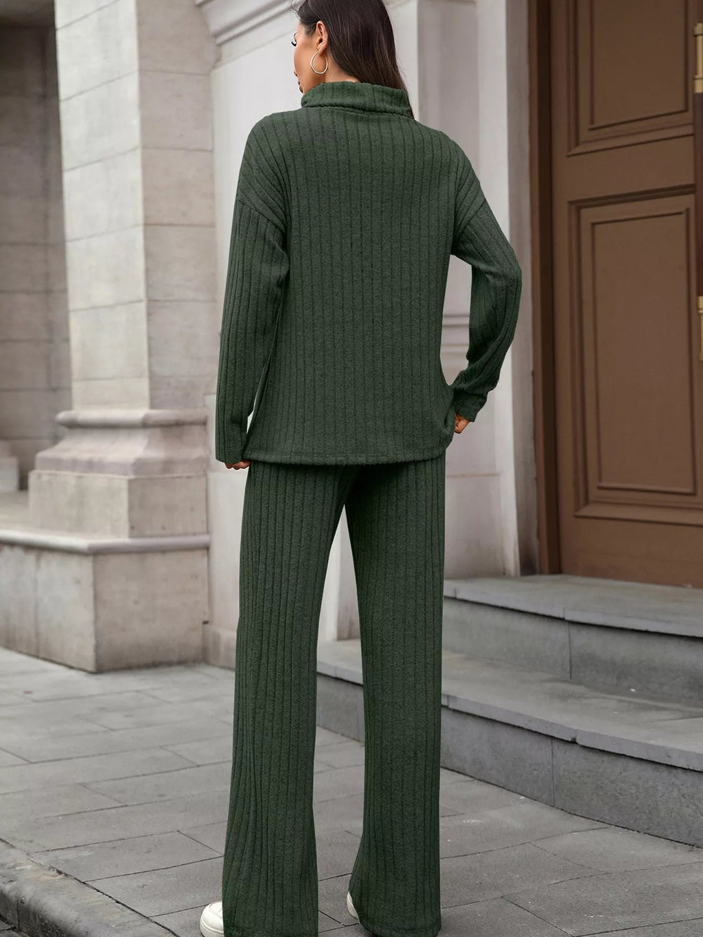 Ribbed Turtleneck Dropped Shoulder Top and Pants Sweater Set.
