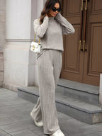 Ribbed Turtleneck Dropped Shoulder Top and Pants Sweater Set.