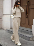 Ribbed Turtleneck Dropped Shoulder Top and Pants Sweater Set.