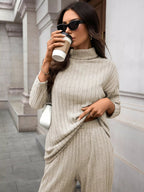 Ribbed Turtleneck Dropped Shoulder Top and Pants Sweater Set.