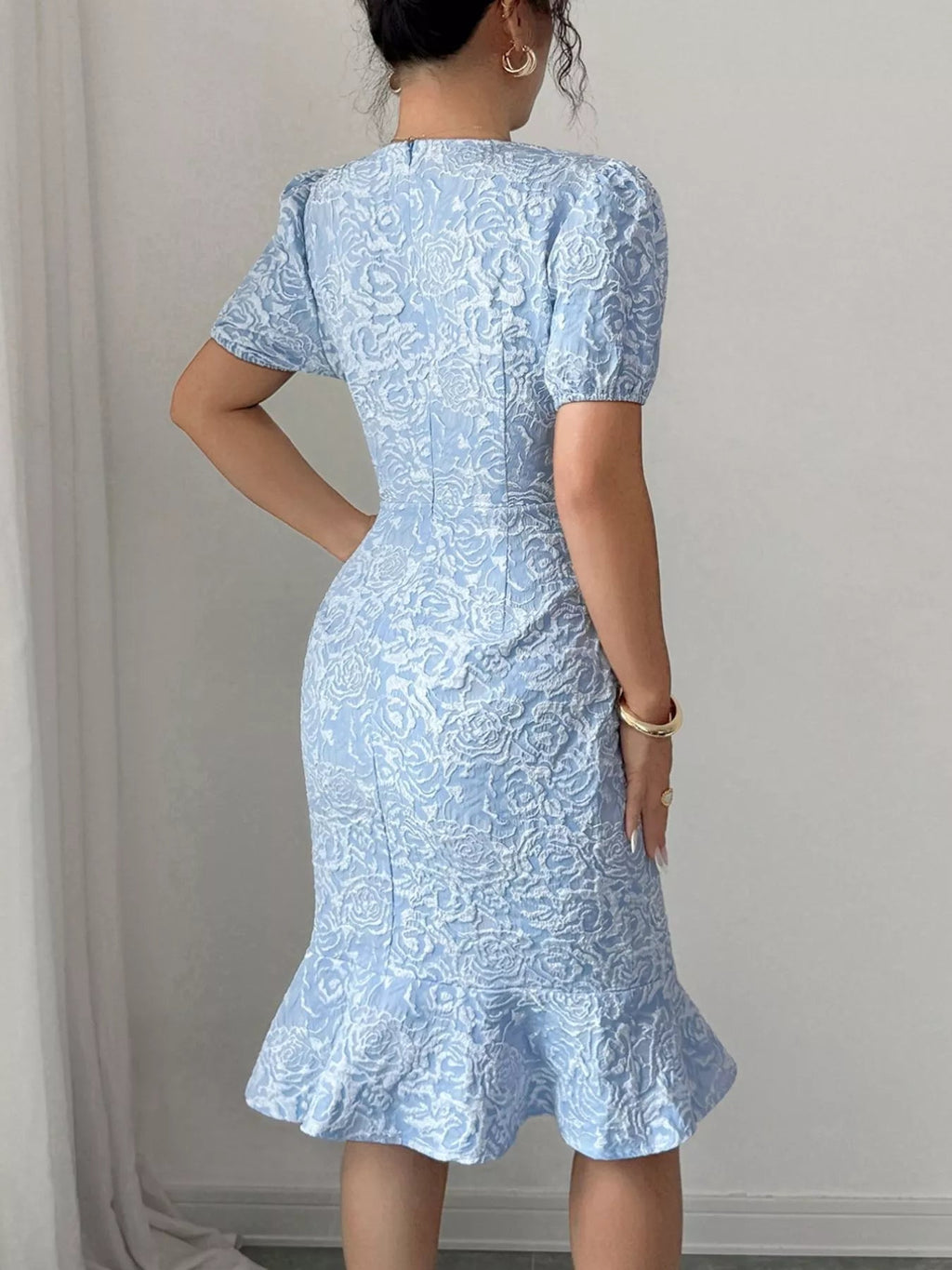 Rose Jacquard Bodycon Dress with Puff Sleeves.