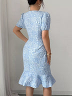 Rose Jacquard Bodycon Dress with Puff Sleeves.