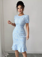 Rose Jacquard Bodycon Dress with Puff Sleeves.