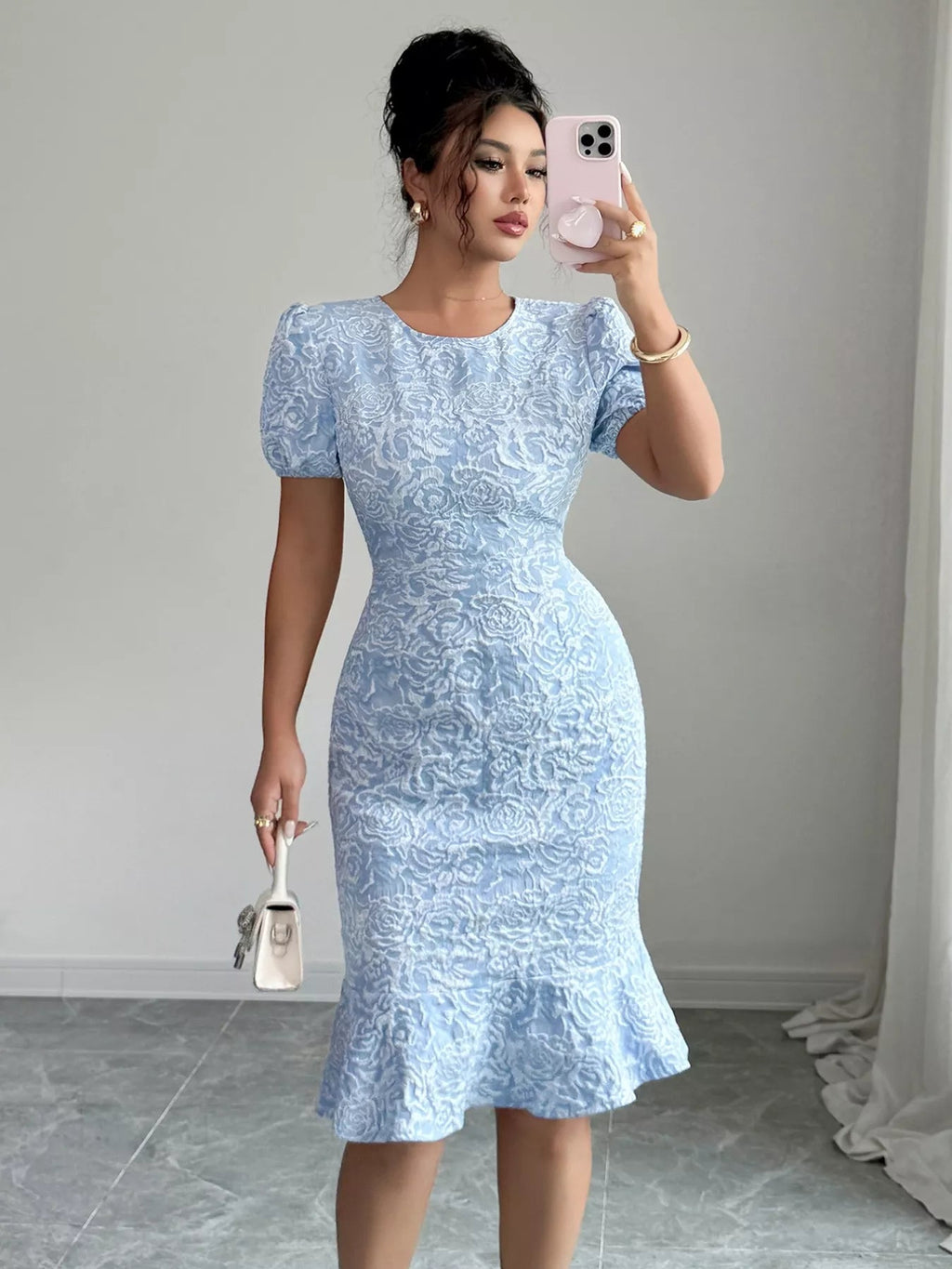 Rose Jacquard Bodycon Dress with Puff Sleeves.