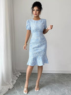 Rose Jacquard Bodycon Dress with Puff Sleeves.