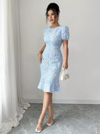 Rose Jacquard Bodycon Dress with Puff Sleeves.