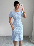 Rose Jacquard Bodycon Dress with Puff Sleeves.