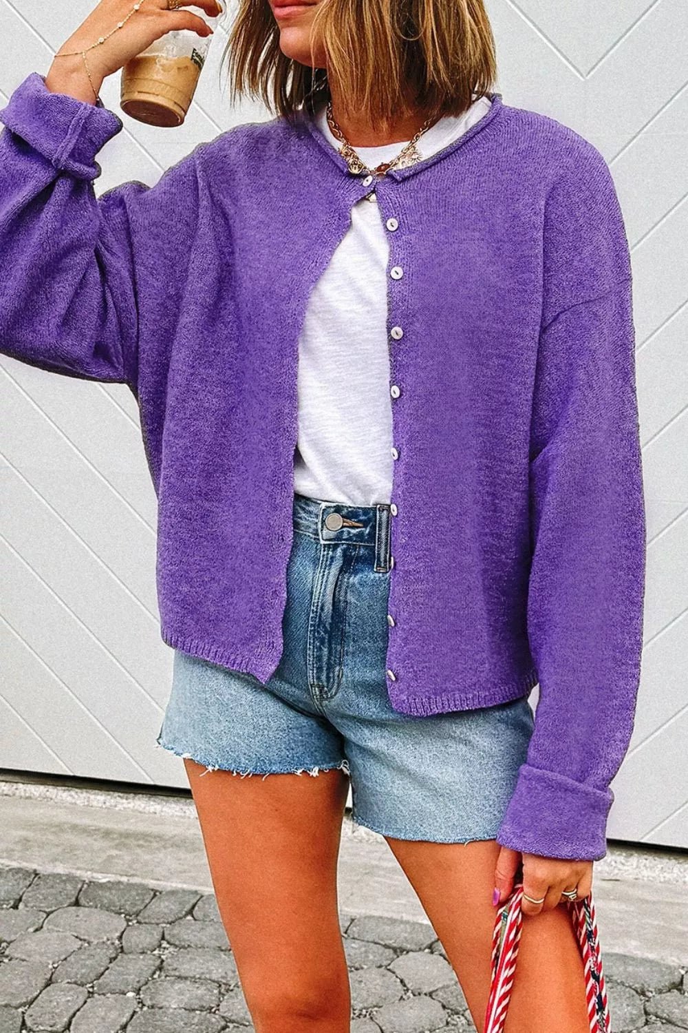 Round Neck Button-Down Knit Cardigan.