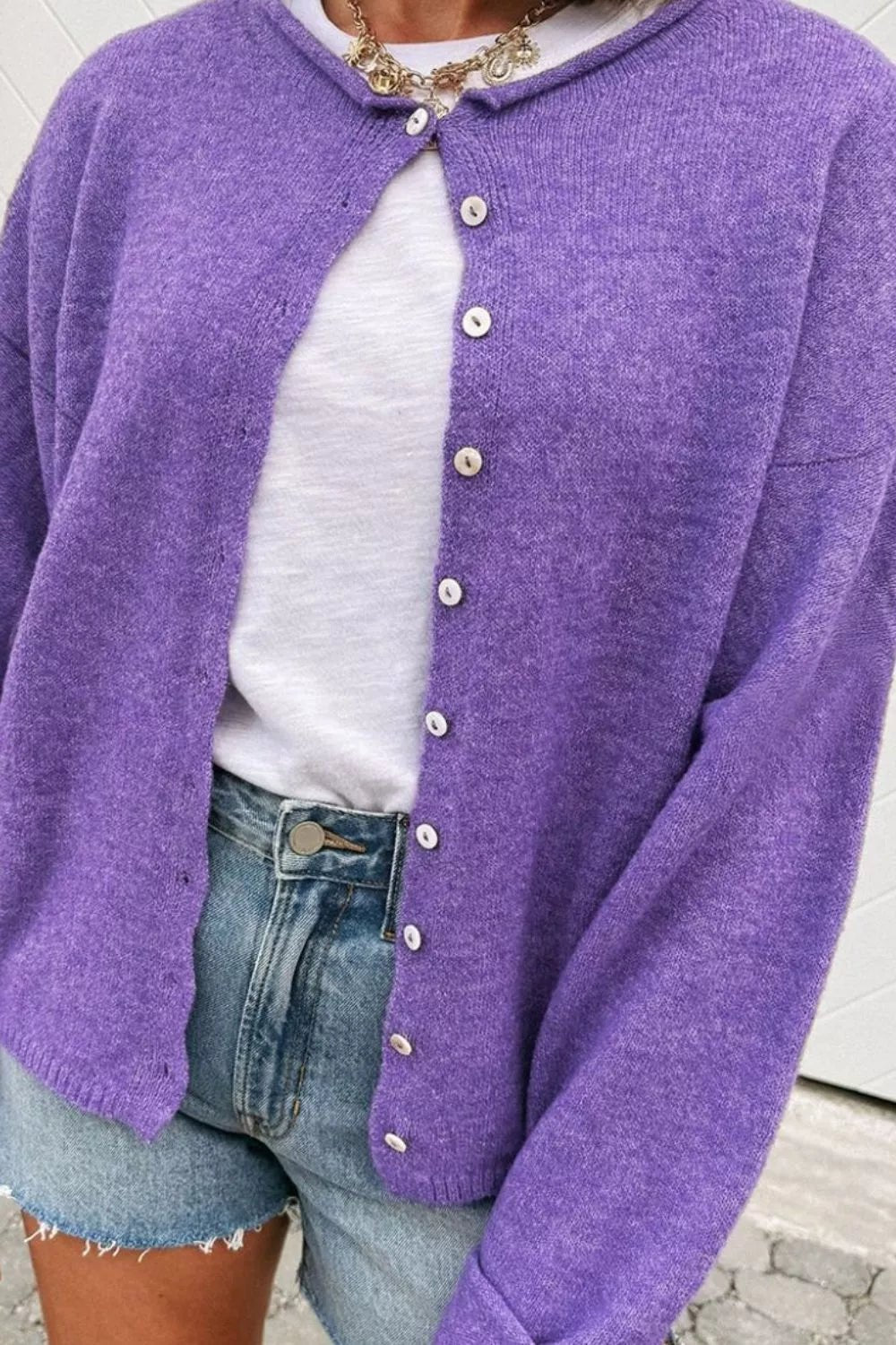Round Neck Button-Down Knit Cardigan.
