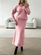 Round Neck Dropped Shoulder Top and Midi Skirt Sweater Set.