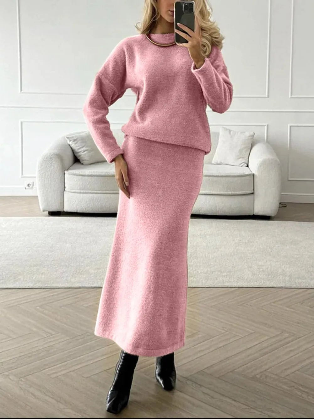 Round Neck Dropped Shoulder Top and Midi Skirt Sweater Set.