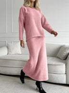 Round Neck Dropped Shoulder Top and Midi Skirt Sweater Set.
