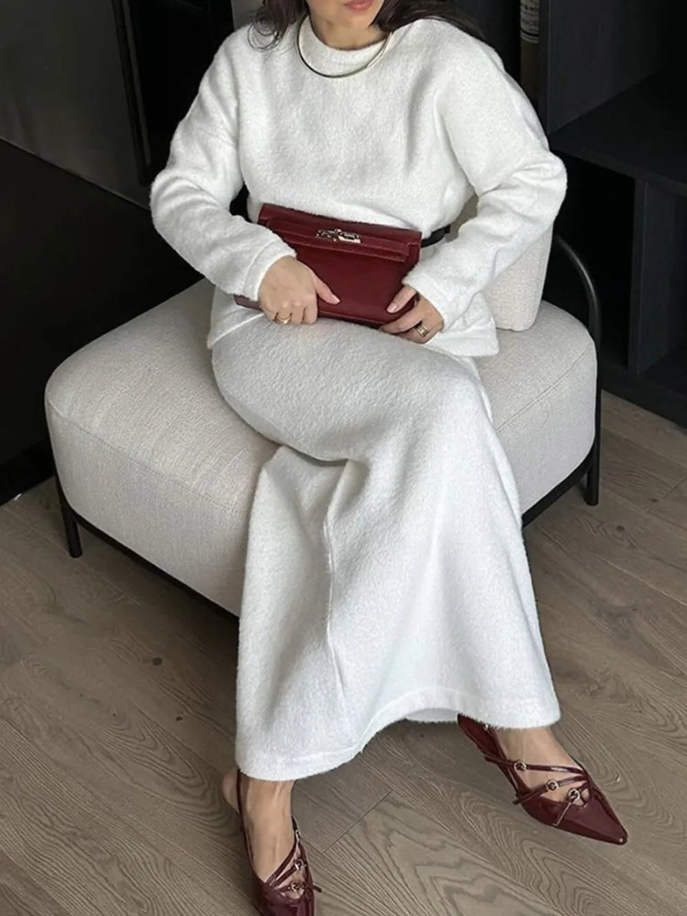 Round Neck Dropped Shoulder Top and Midi Skirt Sweater Set.